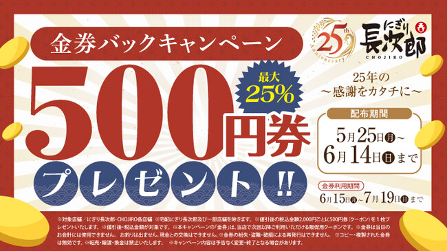 【にぎり長次郎】25周年記念 金券バックキャンペーン開催 5/25(月)から！