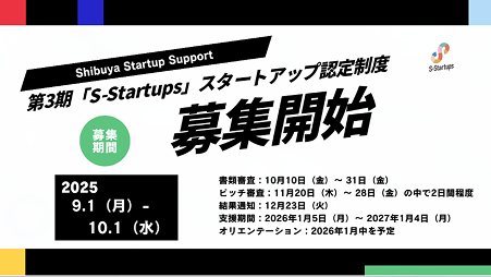 Shibuya Startup Support 第3期「S-Startups」スタートアップ認定制度への募集を開始しました