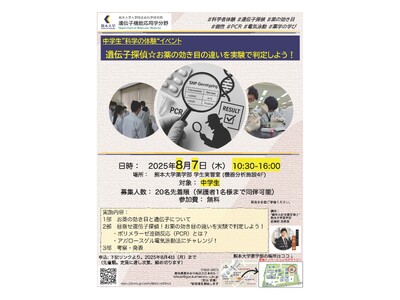 中学生のための科学の体験イベント 「遺伝子探偵☆お薬の効き目の違いを実験で判定しよう！」開催のお知らせ