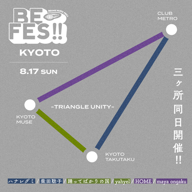 8月17日（日）に京都で３ヶ所同日開催する『BE FES!! KYOTO』の全出演アーティストを発表。各会場のチケット先着先行も受付開始。