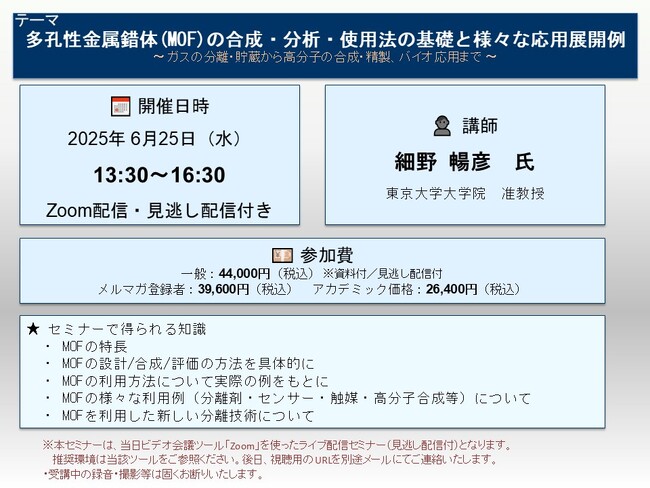 多孔性金属錯体(MOF)の合成・分析・使用法の基礎と様々な応用展開例～ ガスの分離・貯蔵から高分子の合成・精製、バイオ応用まで ～