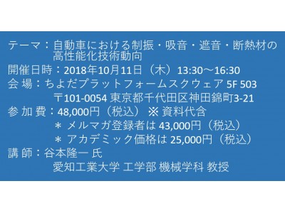 セミナーご案内】自動車における制振・吸音・遮音・断熱材の高性能化