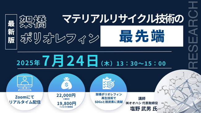 【ライブ配信セミナー】架橋ポリオレフィンのマテリアルリサイクル技術の最先端　7月24日（木）開催　主催：(株)シーエムシー・リサーチ