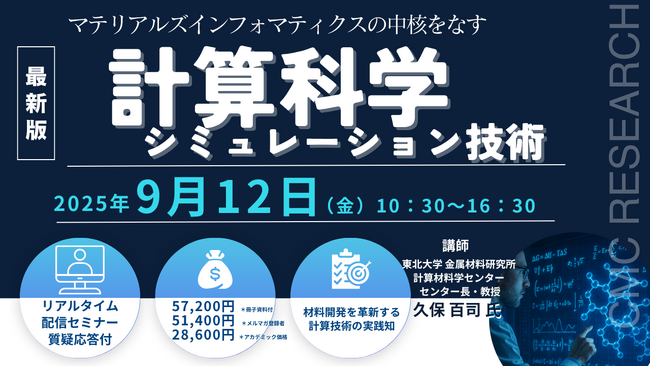 プレスリリース「【ライブ配信/ZOOM】「マテリアルズインフォマティクスの中核をなす計算科学シミュレーション技術」セミナー開催！9月12日（金）主催：(株)シーエムシー・リサーチ」のイメージ画像