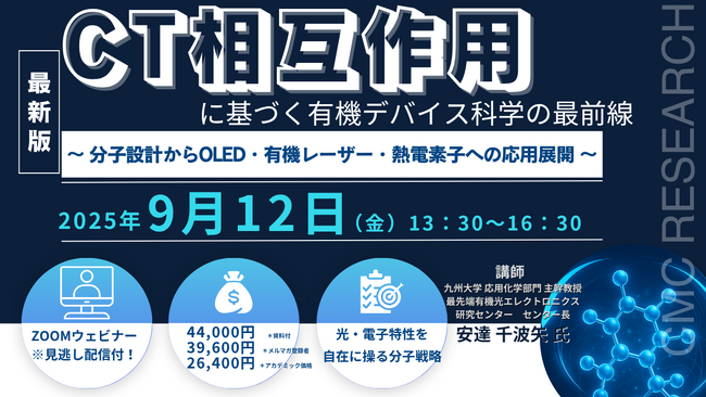 プレスリリース「【ライブ配信/Zoom】「CT相互作用に基づく有機デバイス科学の最前線～ 分子設計からOLED・有機レーザー・熱電素子への応用展開 ～」セミナー開催！9月12日（金）主催：(株)シーエムシー・リサーチ」のイメージ画像