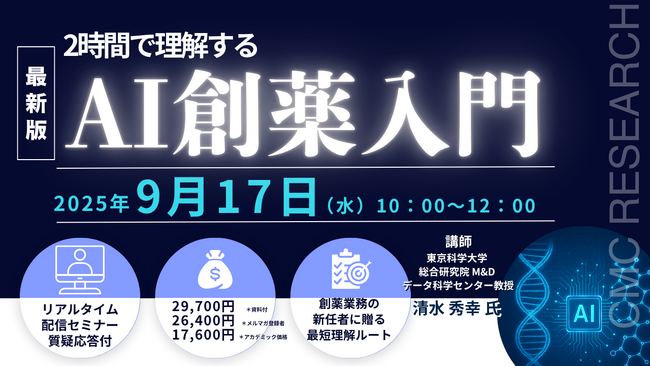 【ライブ配信/ZOOM】「2時間で理解するAI創薬入門」セミナー開催！9月17日（水）主催：(株)シーエムシー・リサーチ