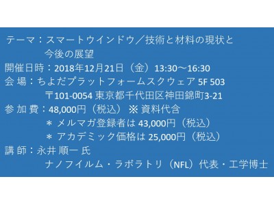 【セミナーご案内】スマートウインドウ／技術と材料の現状と今後の展望　12月21日（金）開催　主催：(株)シーエムシー・リサーチ