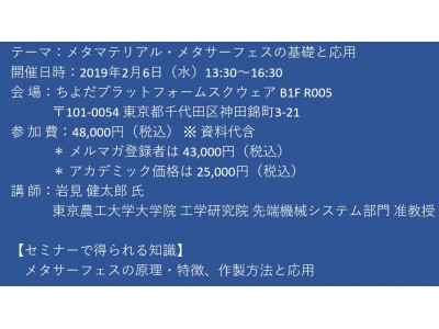 【セミナーご案内】メタマテリアル・メタサーフェスの基礎と応用　2月6日（水）開催　主催：(株)シーエムシー・リサーチ