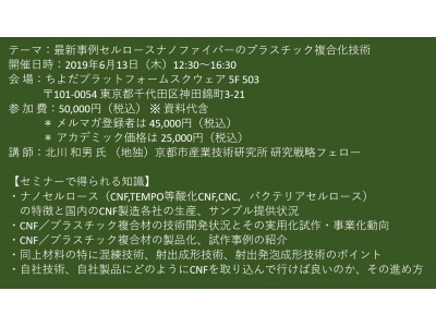 【セミナーご案内】最新事例セルロースナノファイバーのプラスチック複合化技術 6月13日(木)開催 主催...