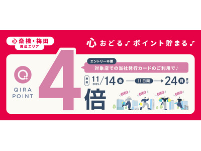 ～心おどる、ポイント貯まる～　大阪の心斎橋・梅田周辺エリアにて「QIRA［キラ］ポイントキャンペーン」を実施　期間中、対象店でQIRAポイントが基本付与率の4倍おトクに貯まる
