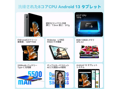 8.4～8.10限定価格15999円：Fpad3 Android13 T616 8コアCPU、8GB+128GB、FHDディスプレイ、Widevine L1対応