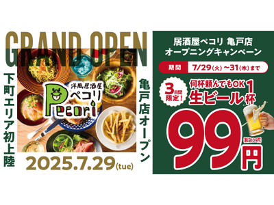 「洋風居酒屋Pecori（ペコリ）」が東京下町エリアに初上陸！亀戸店オープンを記念して7月29・30・31日の３日間は生ビール99円！