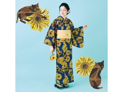2023年もフェリシモ「猫部(TM)」からオリジナル浴衣が新登場！個性豊かなサビ猫さんと大輪のひまわりが大人っぽく彩る「サビ猫とひまわりのモダン浴衣」