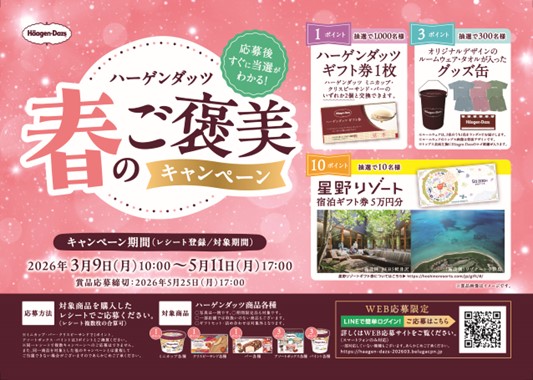 プレスリリース「星野リゾート宿泊ギフト券やオリジナルグッズなど、豪華賞品が1,310名様に当たる！　「ハーゲンダッツ 春のご褒美キャンペーン」　3月9日（月）から5月11日（月）まで実施」のイメージ画像