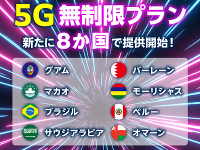 「グローバルWiFi(R)」５Ｇの超高速通信を無制限で提供するエリアを50の国と地域に拡大。新たに８つの国と地域での５Ｇプラン提供開始。