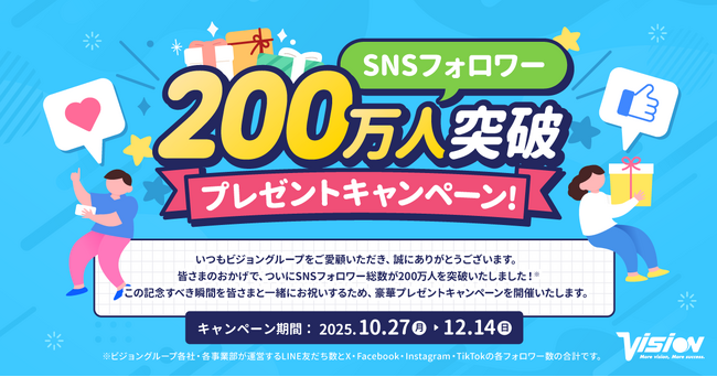 ビジョン、グループ各社のSNSフォロワー総数200万人突破を記念し、グランピング宿泊券などが当たるプレゼントキャンペーンを開催。