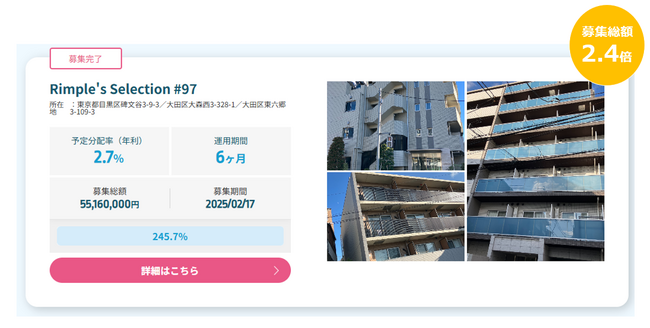 プロパティエージェントの展開する不動産クラウドファンディングRimple’s Selection#97募集総額245.7％の1.35億円の応募
