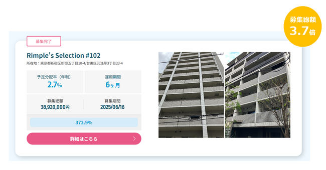 プロパティエージェントの展開する不動産クラウドファンディングRimple’s Selection#102募集総額372.9％の1.45億円の応募