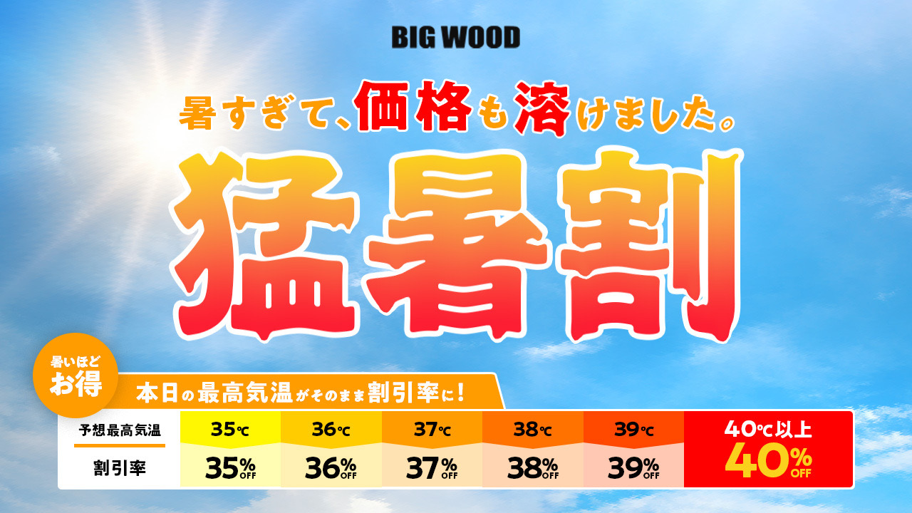 暑すぎて、価格も溶けました。ビッグウッド兵庫が暑ければ暑いほど割引率アップの「猛暑割」を8月15日に開催