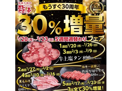 あみやき亭もうすぐ30周年！5店舗限定で対象商品『30％増量フェア』を開催します！