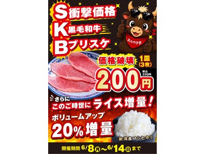 【あみやき亭中部地区店舗】1週間限定「SKB焼肉」登場！『黒毛和牛ブリスケ』を衝撃価格の1皿200円（税込220円）で提供！さらに『新潟県産コシヒカリ』の「ライス増量キャンペーン」も同時実施！
