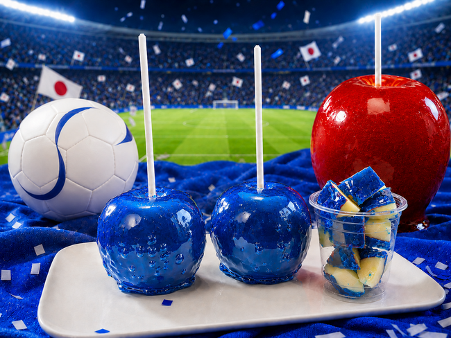 やおりん全店にて、サッカー応援気分を盛り上げる「日本カラーりんご飴