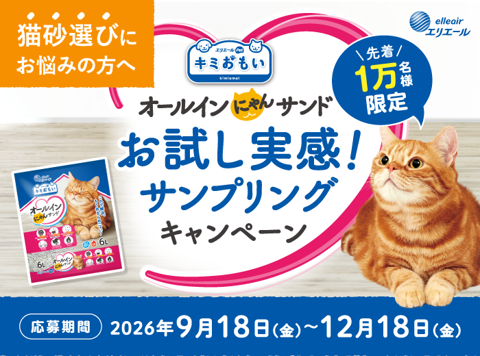 猫砂選びにお悩みの方へ！ネコちゃんもオーナーさんも快適な新商品を無料でお試し！『エリエールPet キミおもい オールインにゃんサンド』お試し実感！サンプリングキャンペーン