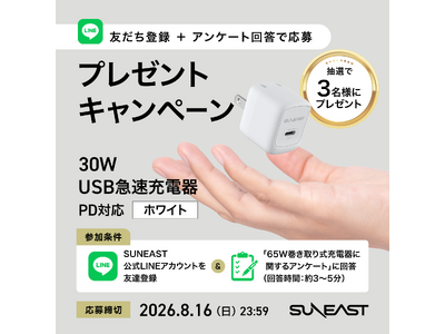 【抽選で3名様に30W USB急速充電器をプレゼント】SUNEAST、「65W巻き取り式充電器」に関するLINEアンケートキャンペーンを実施