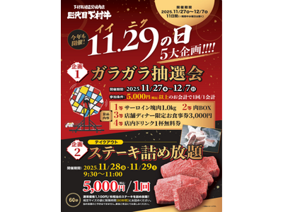 〈愛知・大府市〉11/29「イイ肉の日」今年もやります！ステーキ詰め放題！黒毛和牛”下村牛”の「下村牧場直営焼肉店 三代目下村牛」がお届けする「ステーキ詰め放題」＆「巨大ガラガラ抽選会」