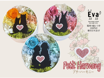 売上1個につき200円を寄付。動物のお花屋さんが提案する、寄りそう2匹の動物を描いた動物にやさしいフラワーアレンジメント「petit harmony（プチ・ハーモニー）」。
