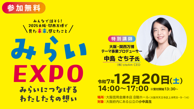 プレスリリース「大阪府のこどもたちが集う！大阪・関西万博のその先へ「みらいEXPO～みらいにつなげるわたしたちの想い～」開催のお知らせ」のイメージ画像