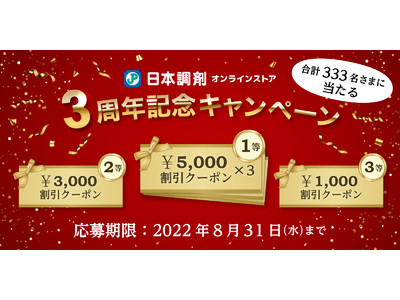 【日本調剤オンラインストア】合計333名さまに当たる！3周年記念キャンペーン開催中