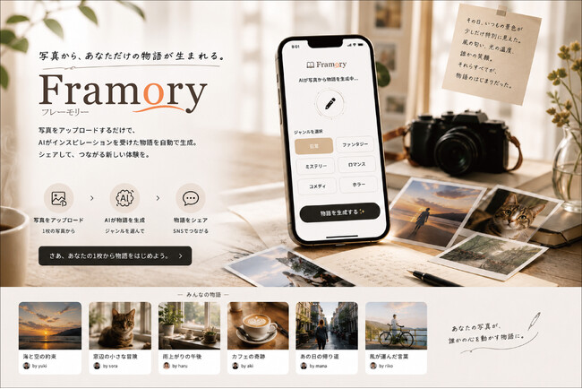あなたの1枚が、今日から物語を紡ぎはじめる。AIフォトストーリーアプリ「Framory（フレーモリー）」まもなくリリース！