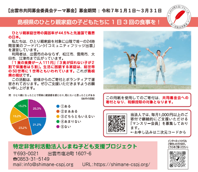 「島根県のひとり親家庭の子どもたちに1日3回の食事を！」をテーマに、３ヶ月間、改めて募金活動に力を注ぎます。目標額は100万円です。「赤い羽根」の「しまねテーマ募金」という仕組みを活用させて頂きます。