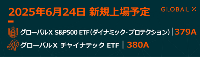 Global X Japan株式会社「グローバルＸ S&P500 ETF（ダイナミック・プロテクション）」【379A】、「グローバルＸ チャイナテック ETF」【380A】東京証券取引所より上場承認