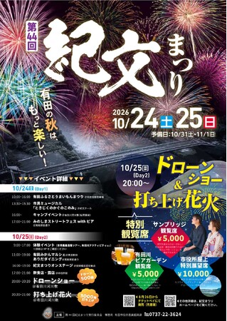 「第44回紀文まつり」ドローンショー&花火大会特別観覧席の申込受付を2026年8月26日(水)よりチケットペイにて販売開始!