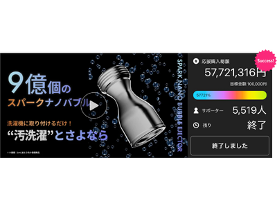 洗濯機に取り付けるだけで“汚洗濯”とさよなら。『Makuake』で総額5,772万円の爆売れ！さよならシリーズ新商品「スパークナノバブル」『CAMPFIRE』で再販決定