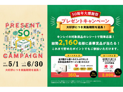 大好評につきキャンペーン期間を延長！キンレイ『50周年大感謝祭』新商品を含む対象商品の購入レシートでポイントを貯めて、総勢2,160名に豪華賞品が当たる！