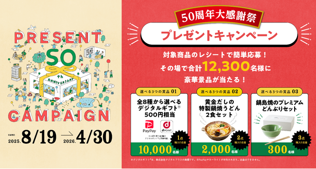 冷凍鍋焼うどんやラーメンを手掛けるキンレイが総勢12,300名様に豪華プレゼントが当たる創業50周年キャンペーン『50周年大感謝祭』を開催