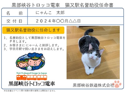 黒部峡谷トロッコ電車　「猫又駅」乗降開始に伴う猫の「名誉助役」任命企画の実施