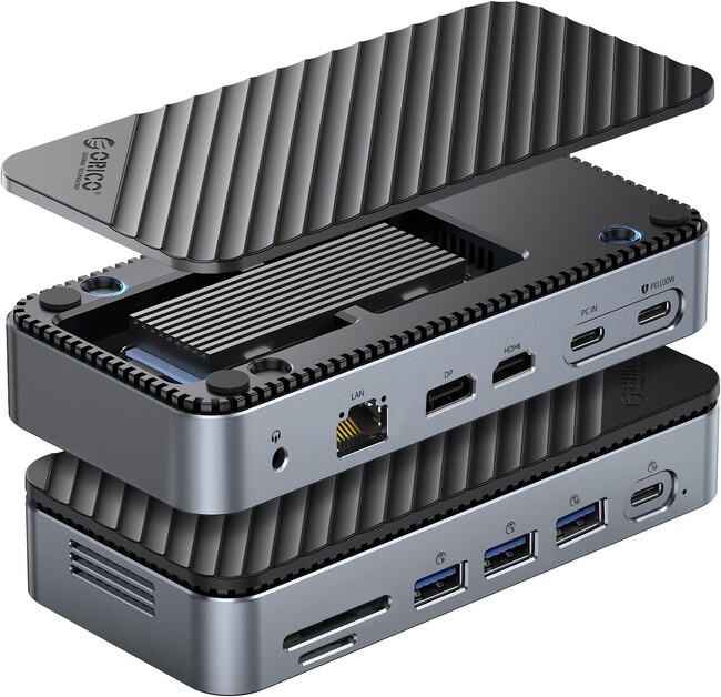 ORICO�A�h�b�N�{M.2 SSD�P�[�X��̌^�̑��@�\�h�b�N�𔭕\�B8K/4K�f���A���o�́E10Gbps�]���E�ő�8TB�g���E100W PD�[�d�E�M�K�r�b�gLAN���ڂŃ��o�C�����[�N�����̓T�|�[�g�B
