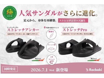 履くだけで足元から骨格バランスをサポート。Racbaki人気シリーズ『イージーサンダル』『アンカー』にストレッチモデル誕生。