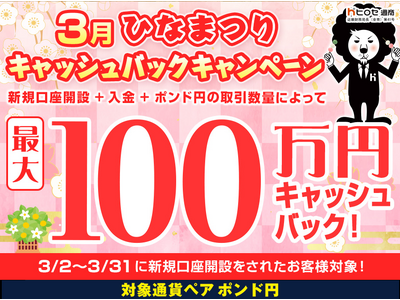 【新規口座開設限定】3月ひなまつり最大100万円キャッシュバックキャンペーン！を実施