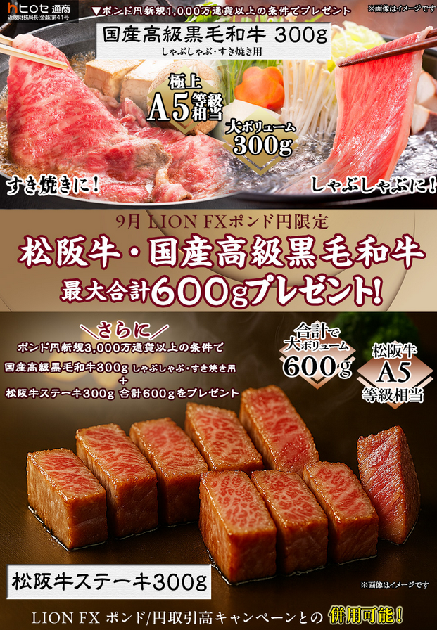 LION FXポンド円限定 松阪牛・国産高級黒毛和牛最大600gプレゼント!を実施！