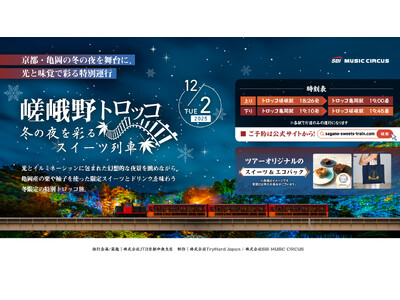 【京都・亀岡】冬を彩る特別運行！12月2日（火）イルミネーション列車「嵯峨野トロッコ ～冬の夜を彩るスイーツ列車～」が登場。