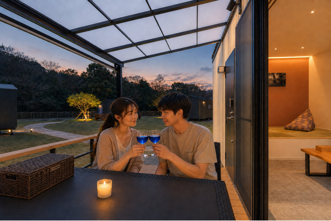 “森”の伊勢志摩へ。トレーラーハウスで楽しむBBQ「二人の秋旅」焚き火、花火、しゃぼん玉、サウナ、温泉大浴場も楽しめる