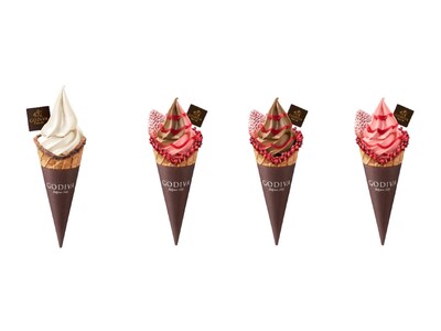バレンタイン催事場でのワンハンドフードにもぴったり！ゴディバ「ストロベリーミックス ダブルチョコレート ＆ あまおう苺」、「カカオフルーツ ＆ ホワイトチョコレートバニラ」などソフトクリーム各種