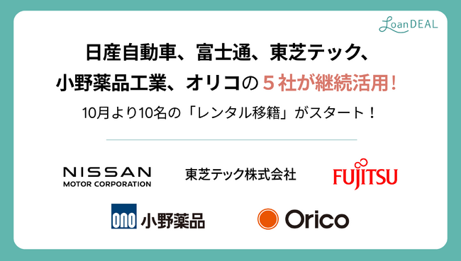 日産自動車、東芝テック、富士通、小野薬品工業、オリコの５社が継続活用！10名の「レンタル移籍」が10月より新たにスタート。