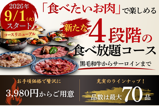 【9月リニューアル】松阪牛ホルモンに「食べたいお肉」で楽しめる、新たな4段階の食べ放題コース3980円から!黒毛和牛からサーロインまで