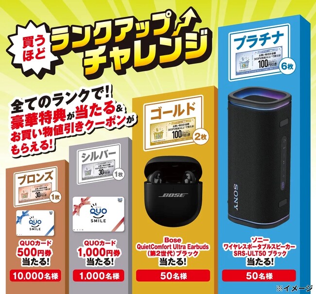 「QUOカード」やスピーカーなど豪華特典が合計11,100名様に当たる！セブン‐イレブンアプリで「買うほどランクアップチャレンジ」が5月も開催